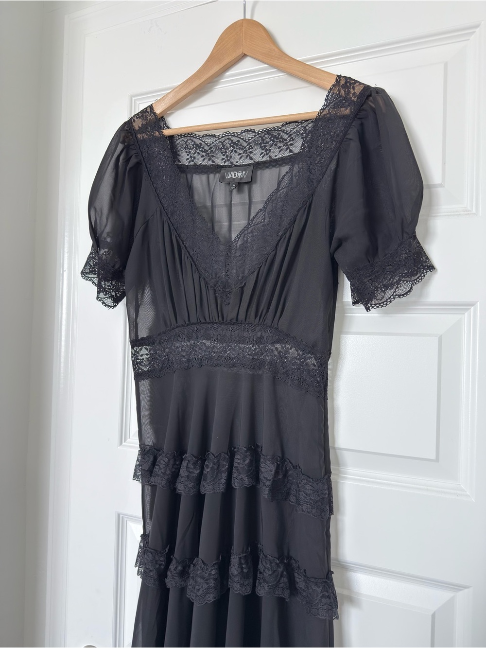 Dolls Kill Widow Perpetual Night Maxi Dress Medium Black Sheer Lace Goth Romance - Picture 7 of 10